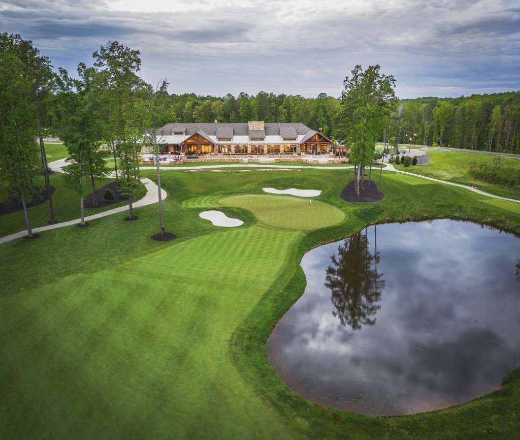 overhead view of fairway next to water hazard